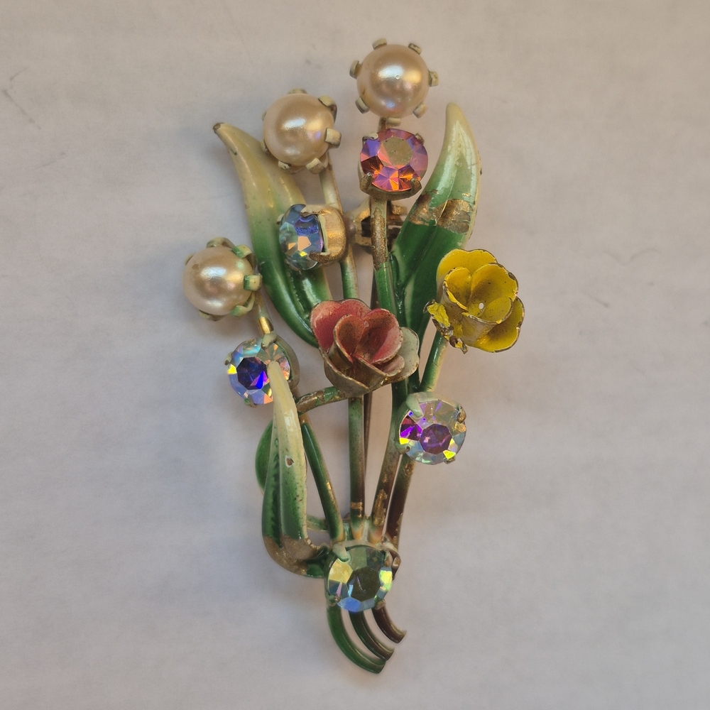 Vintage Flower Bouquet Brooch Made In Austria AB Rhinestones
